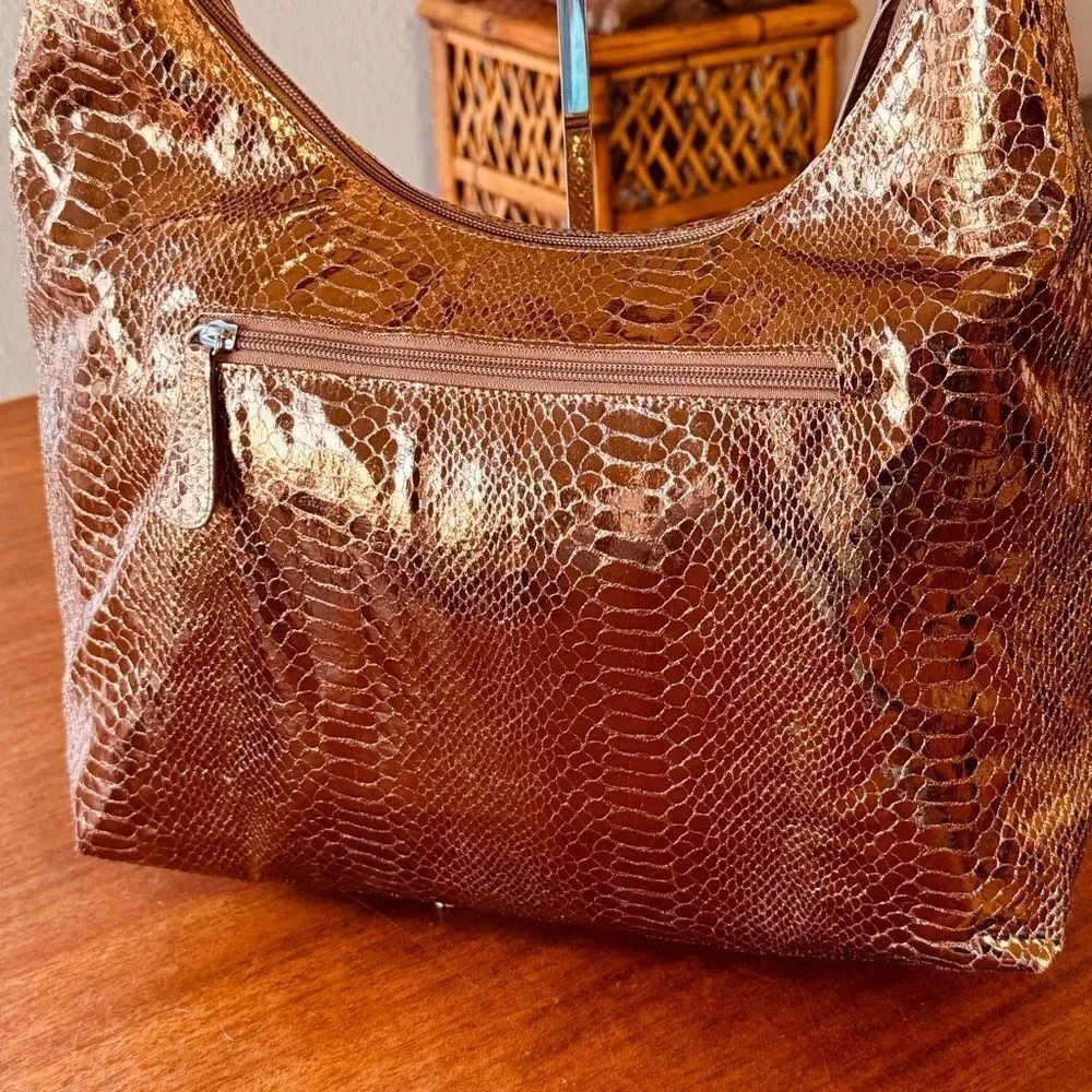 Chi By Carlos Falchi Metallic Snakeskin Print Rose Gold Hobo Bag